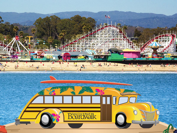 School Bus illustration in front of ocean with theme park in the background
