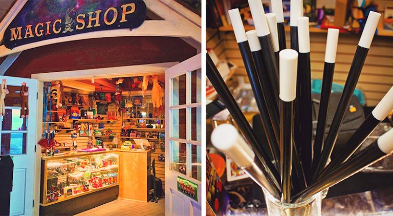 Magic shop entrance and container full of magic wands