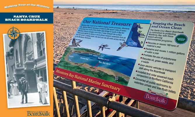 Beach sign and cover of brochure - Walking Tour of the Historic Santa Cruz Beach Boardwalk