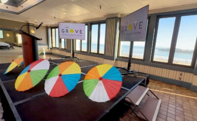 Podium and monitors in Sun Room in The Grove